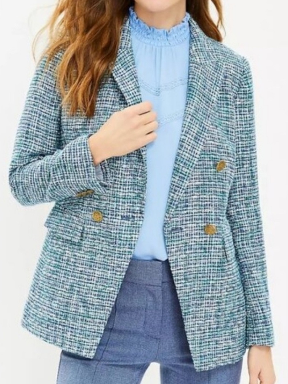 LOFT double-breasted tweed blazer green and blue with gold buttons NWT 10